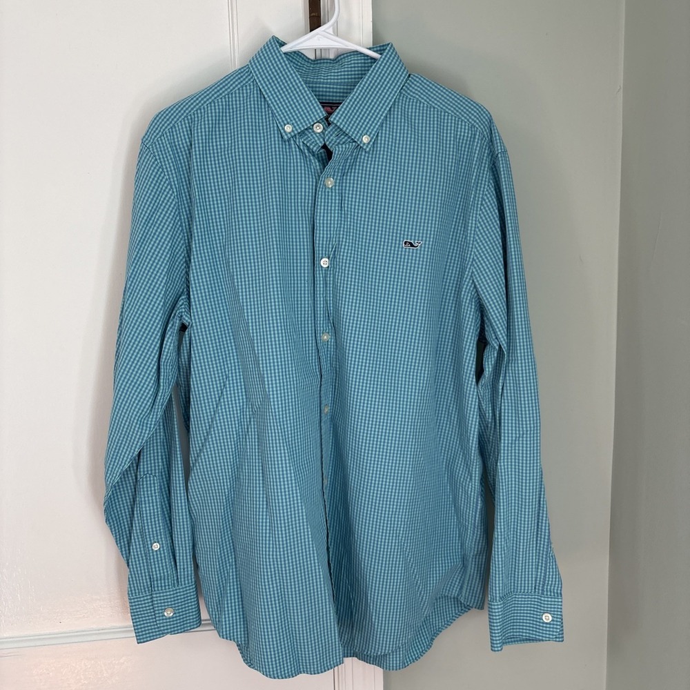 Vineyard Vines Shirt Mens Large Whale Performance Plaid Gingham Blue Oxford